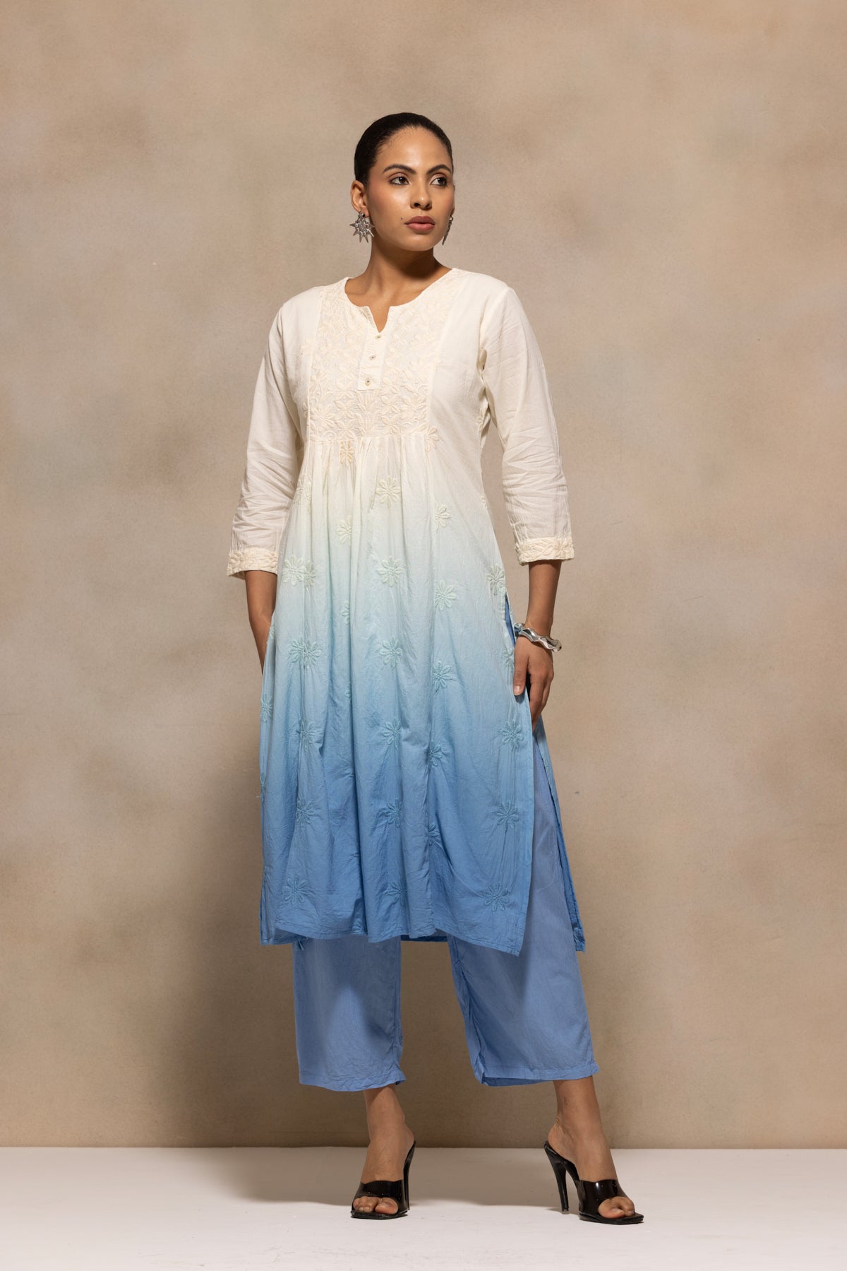 Cream Embroidered Kurta 3 Pcs Set