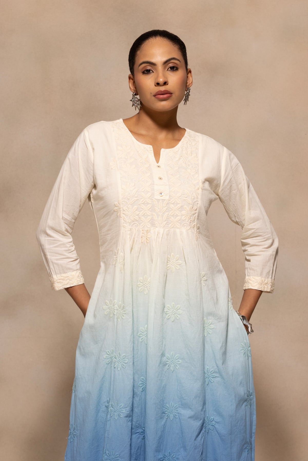Cream Embroidered Kurta 3 Pcs Set