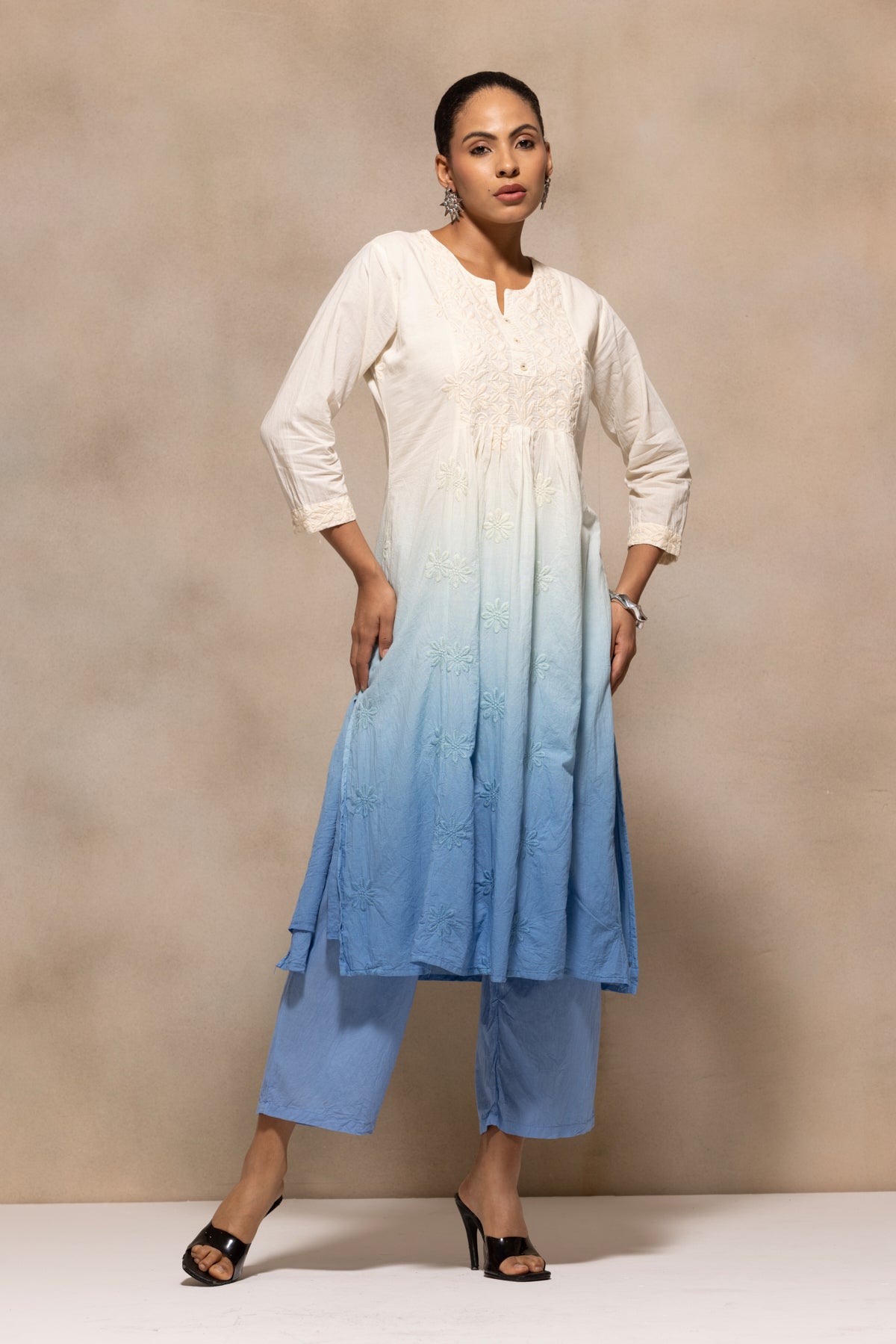 Cream Embroidered Kurta 3 Pcs Set