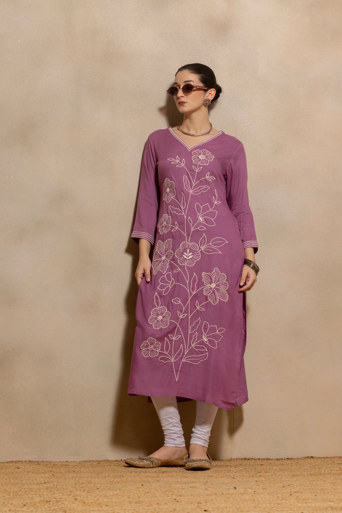 Purple Floral Embroidered Kurta