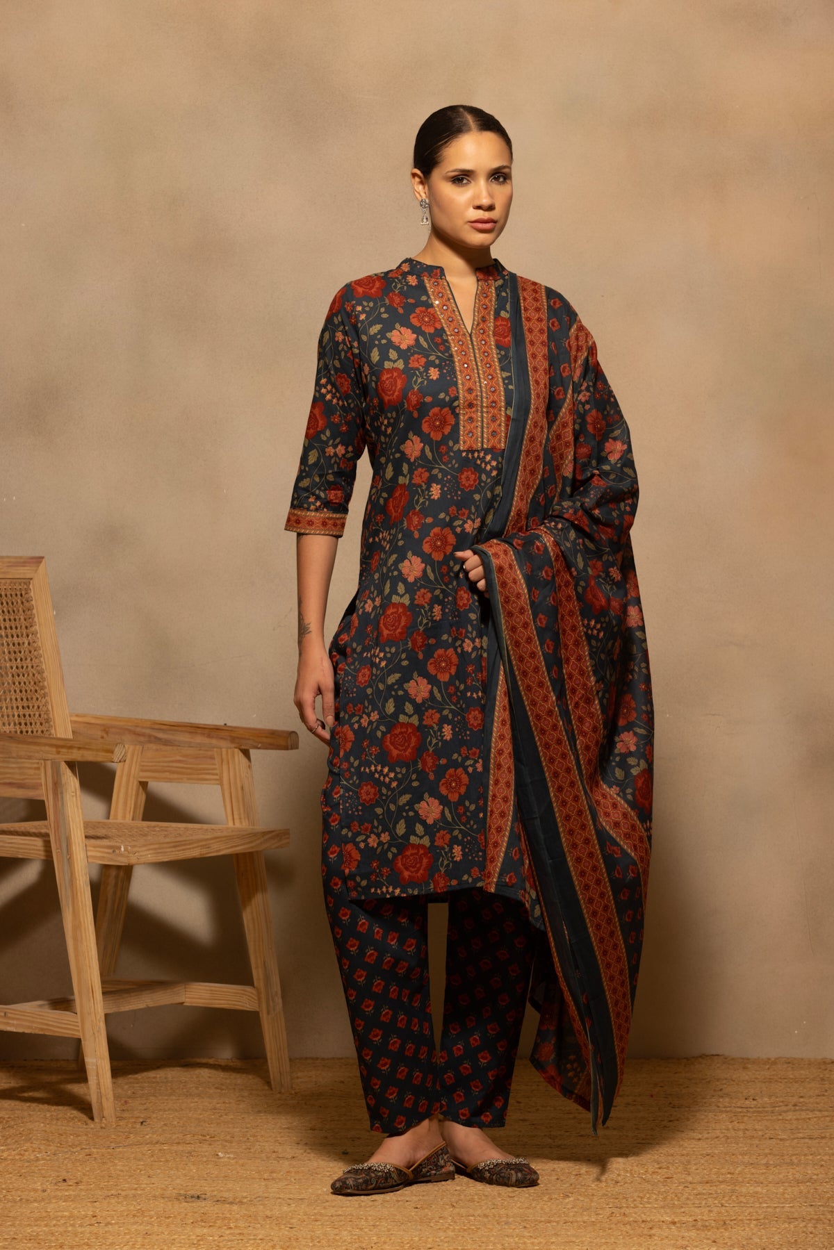 Teal Floral Printed Kurta 3 Pcs Set