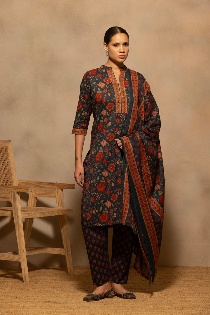 Teal Floral Printed Kurta 3 Pcs Set