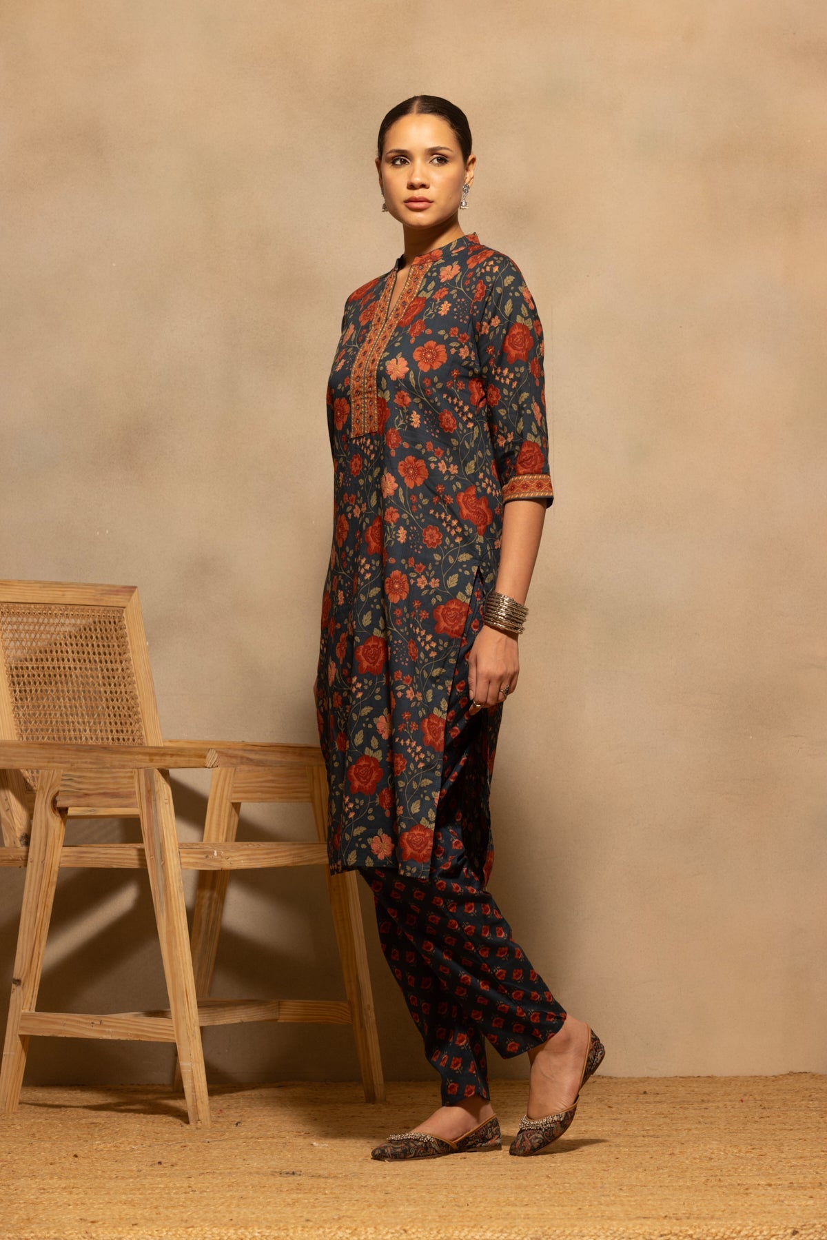 Teal Floral Printed Kurta 3 Pcs Set