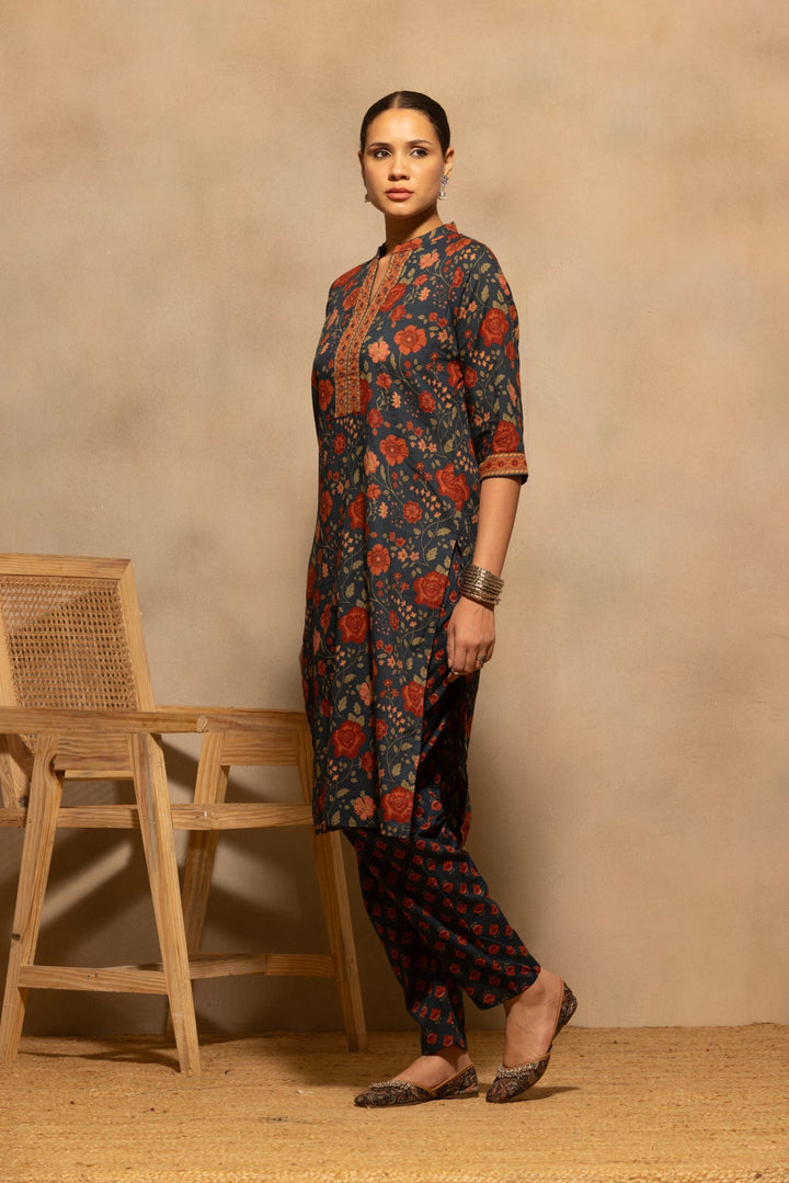 Teal Floral Printed Kurta 3 Pcs Set