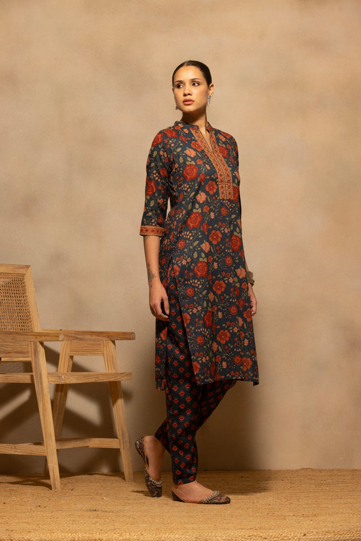 Teal Floral Printed Kurta 3 Pcs Set