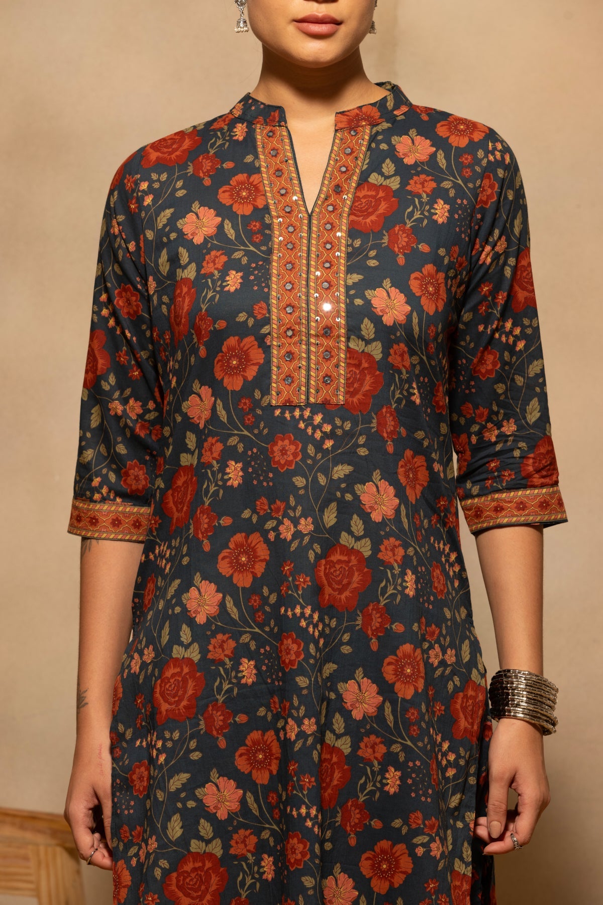 Teal Floral Printed Kurta 3 Pcs Set