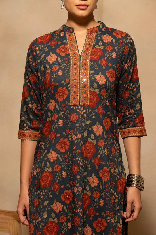 Teal Floral Printed Kurta 3 Pcs Set