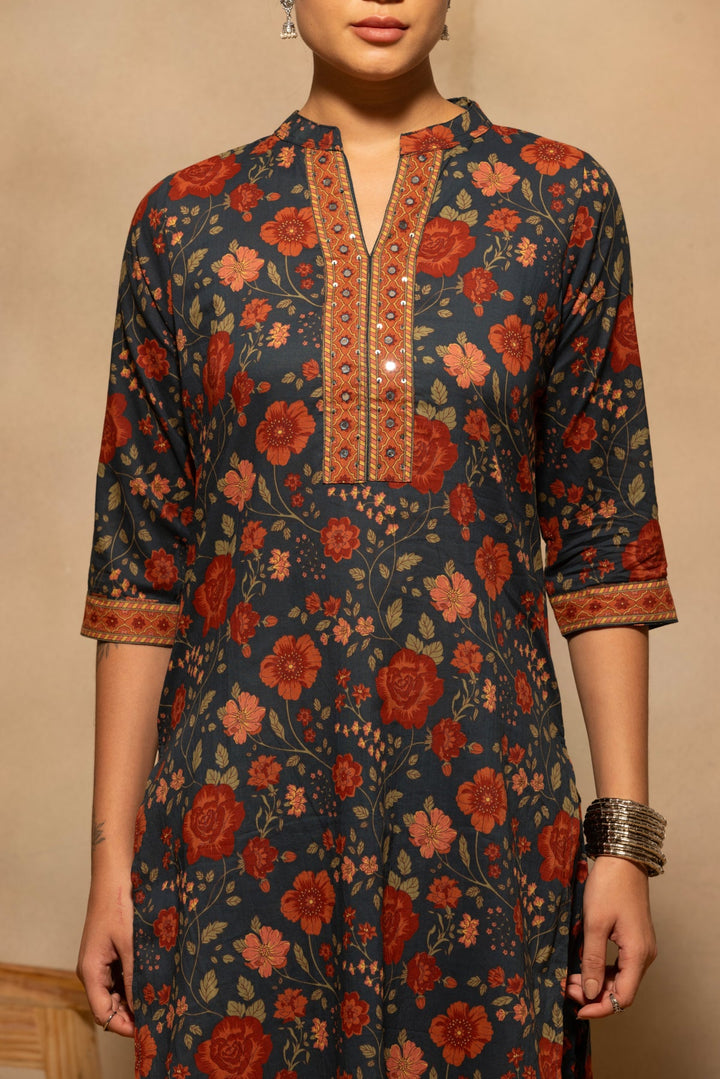 Teal Floral Printed Kurta 3 Pcs Set