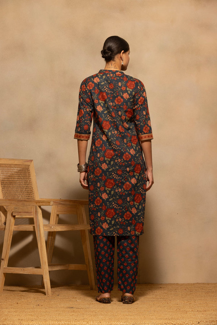 Teal Floral Printed Kurta 3 Pcs Set