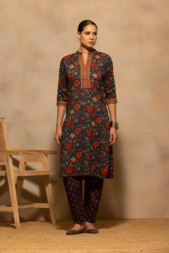 Teal Floral Printed Kurta 3 Pcs Set