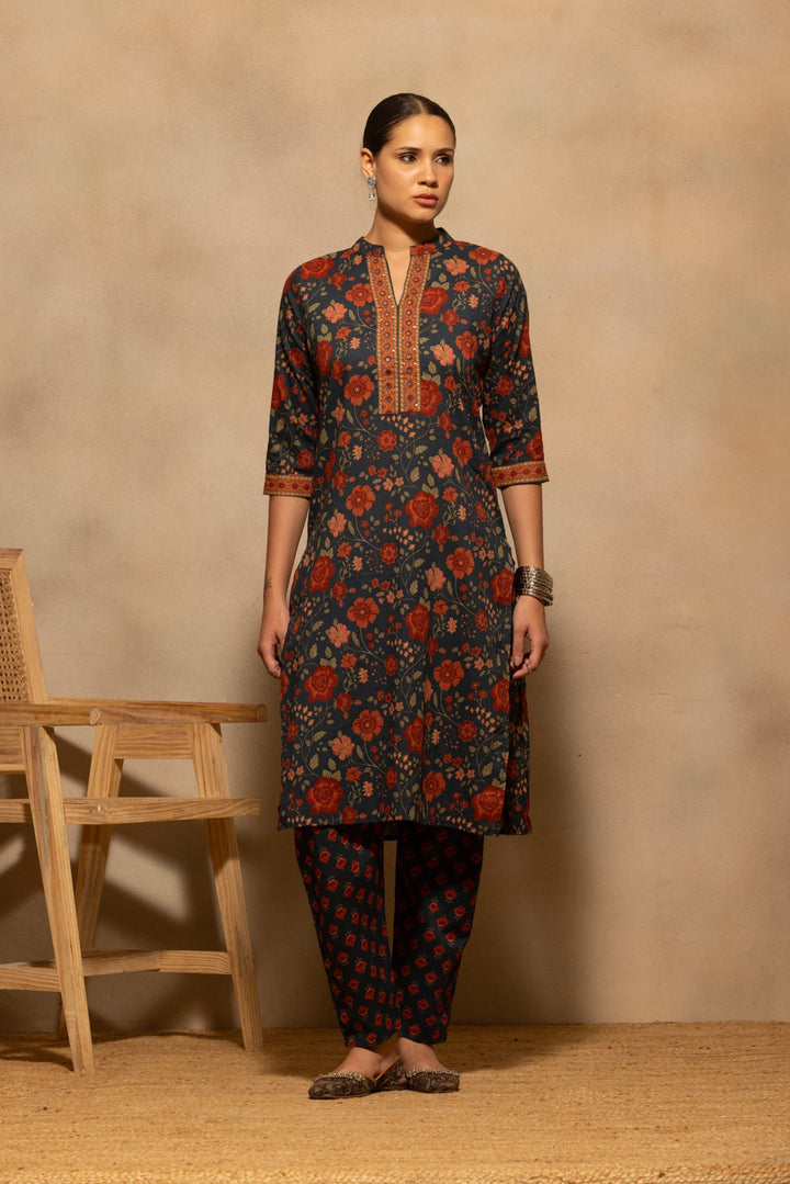 Teal Floral Printed Kurta 3 Pcs Set
