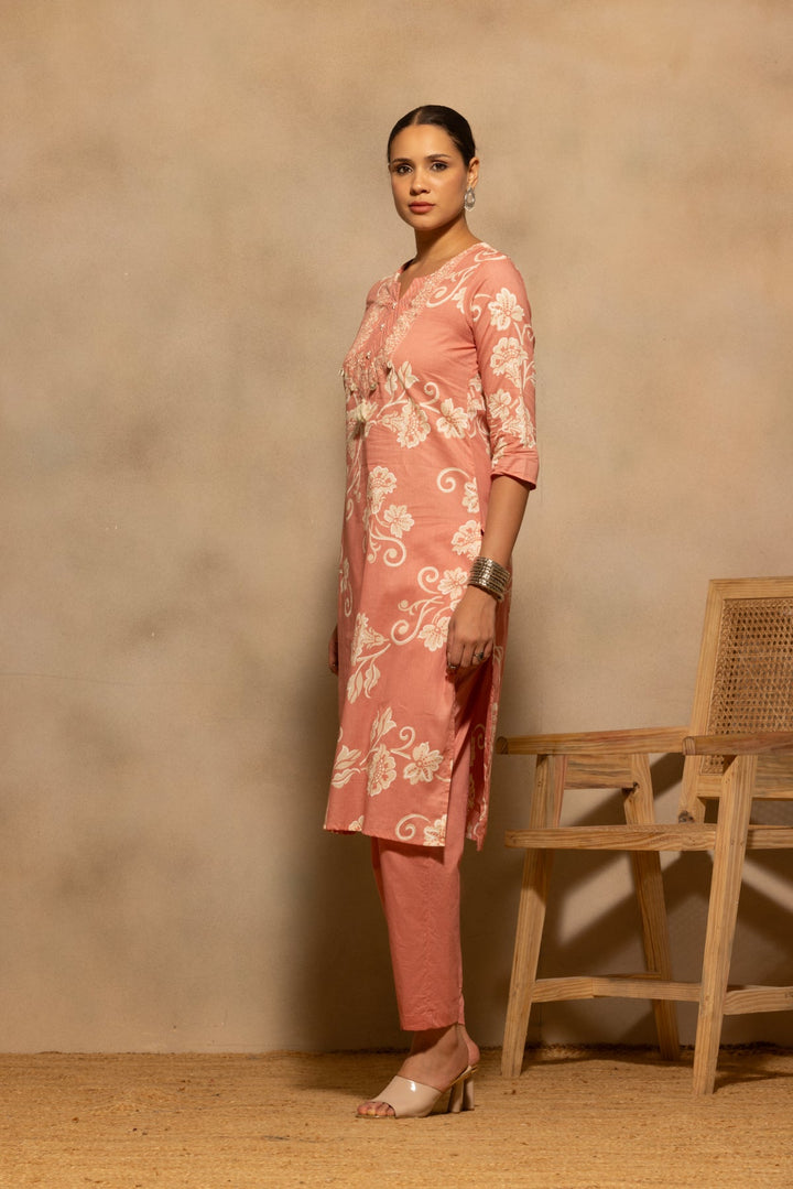 Pink Floral Printed Kurta 3 Pcs Set