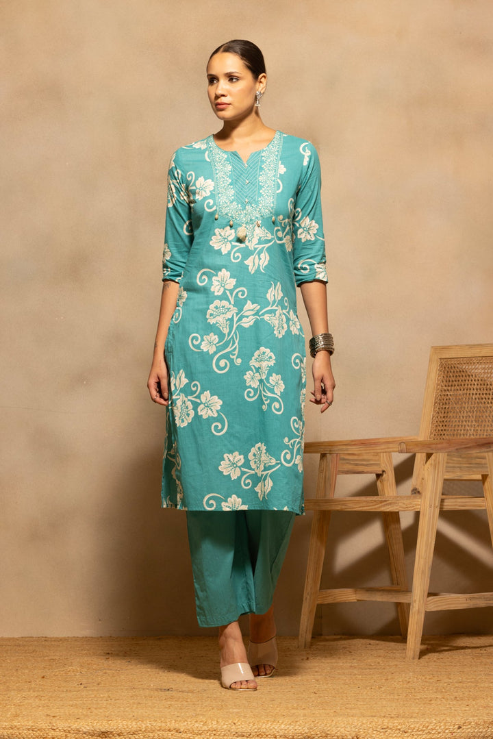 Green Floral Printed Kurta 3 Pcs Set
