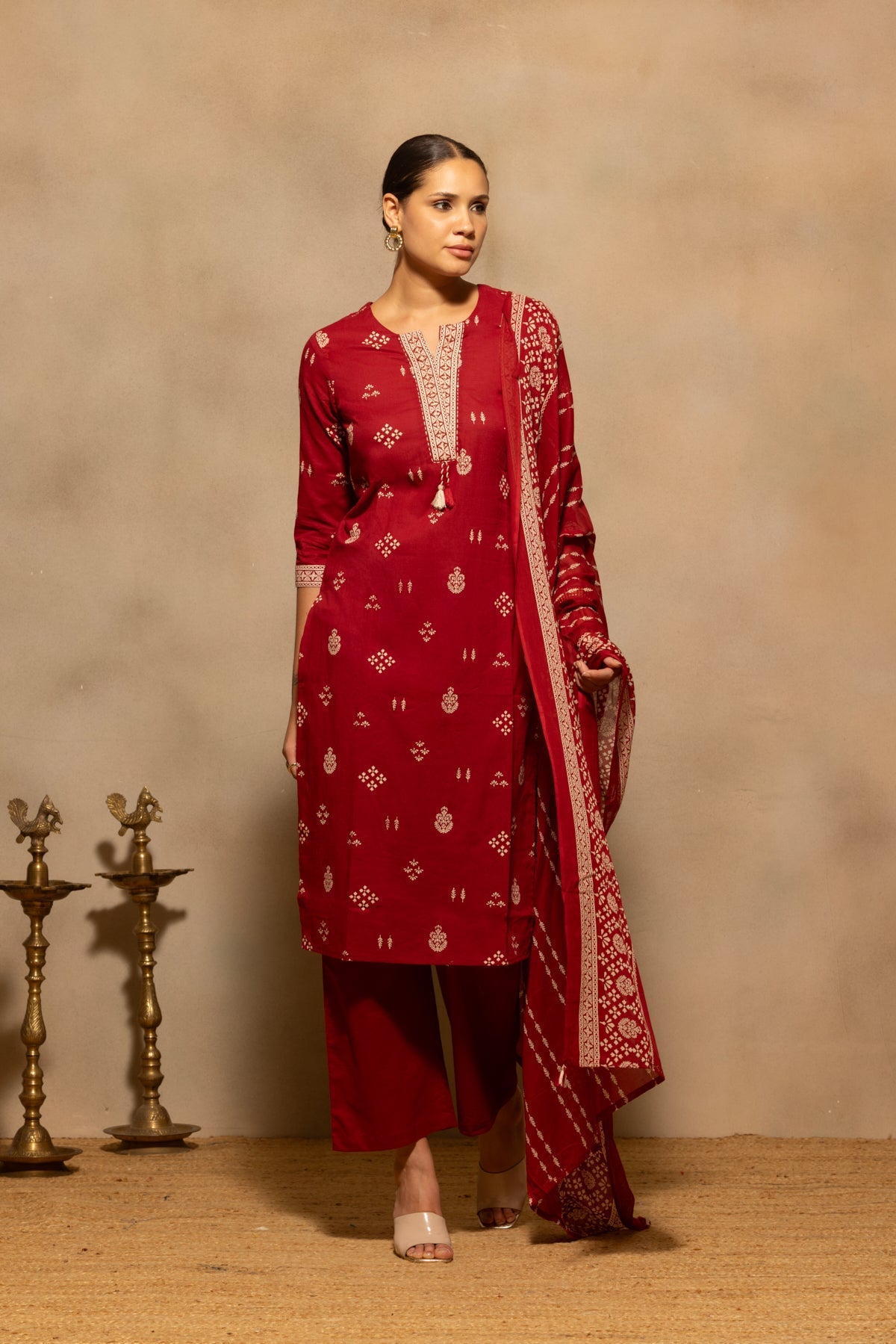 Maroon Printed Kurta 3 Pcs Set