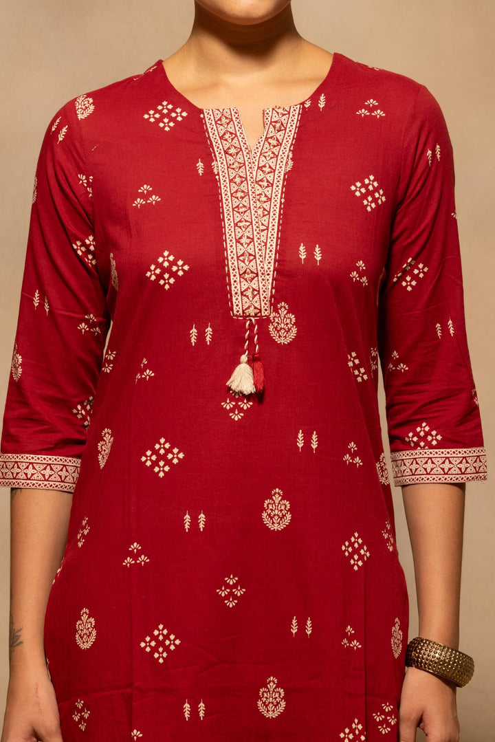 Maroon Printed Kurta 3 Pcs Set