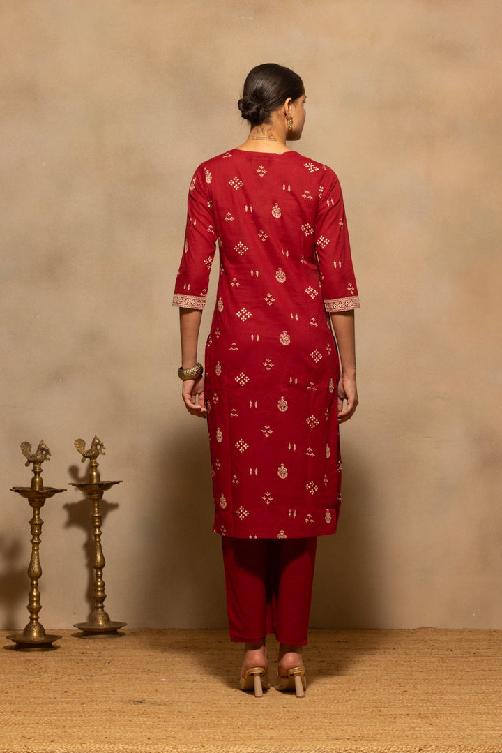 Maroon Printed Kurta 3 Pcs Set