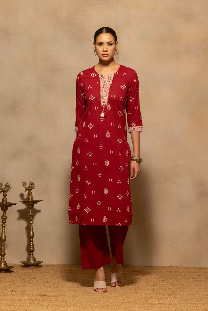 Maroon Printed Kurta 3 Pcs Set