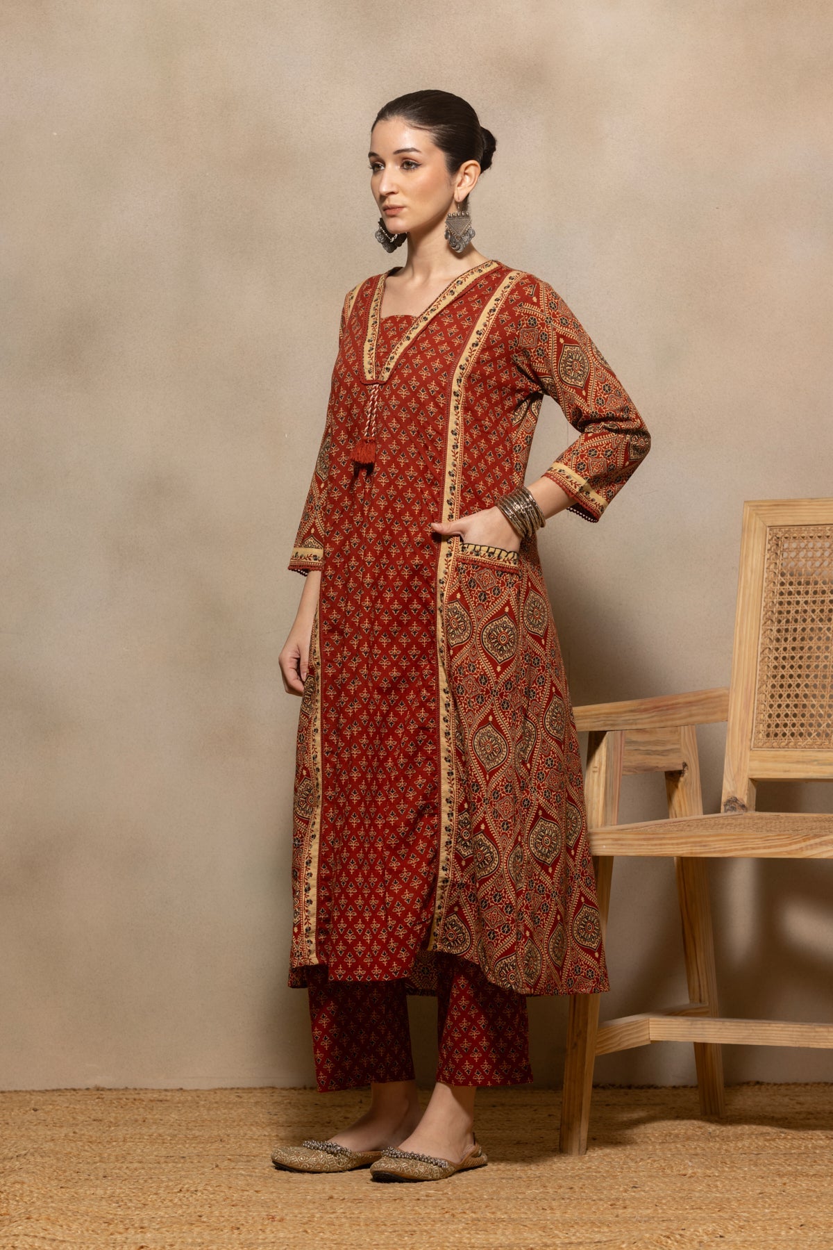 Rust Printed Flared Kurta 3 Pcs Set