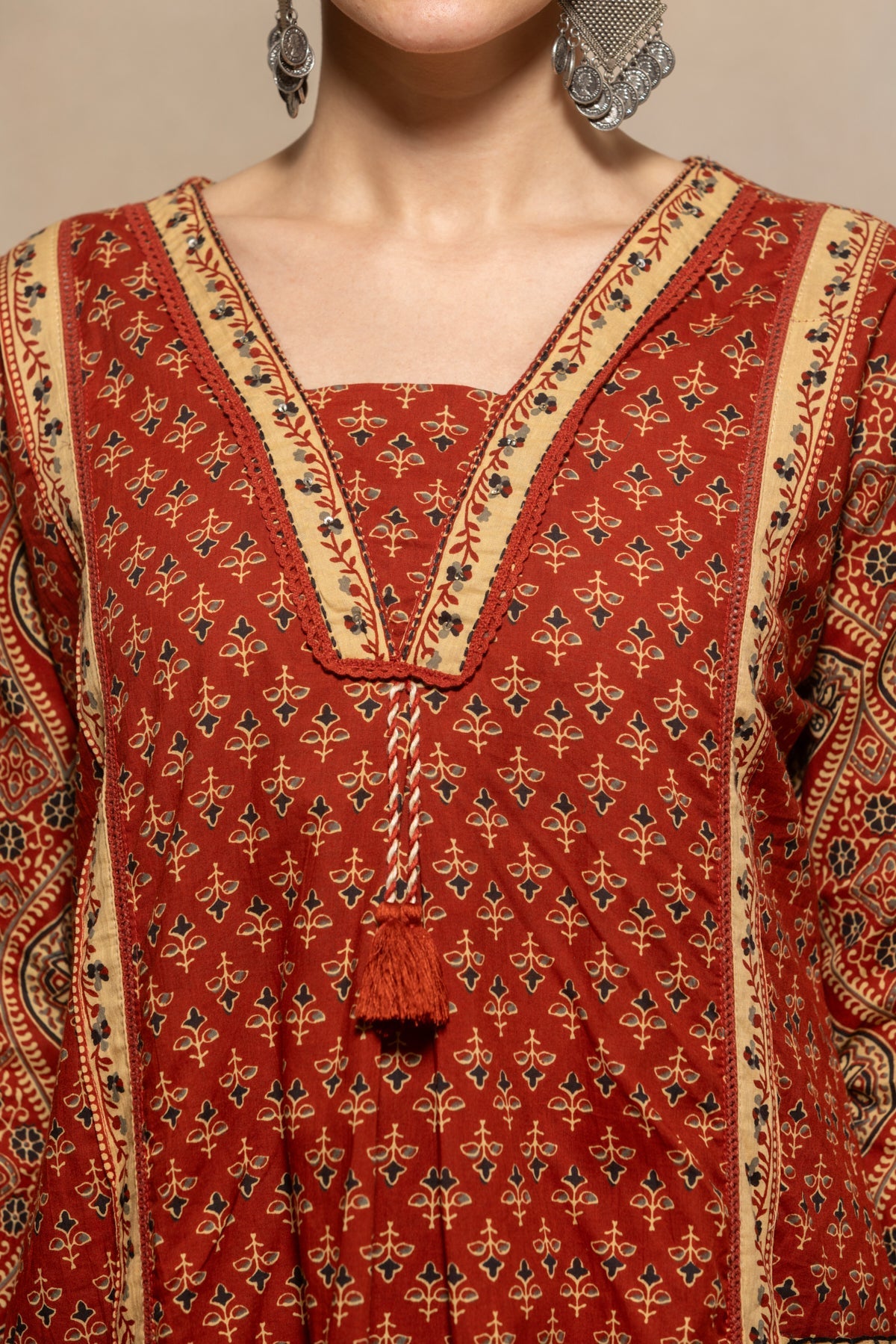 Rust Printed Flared Kurta 3 Pcs Set