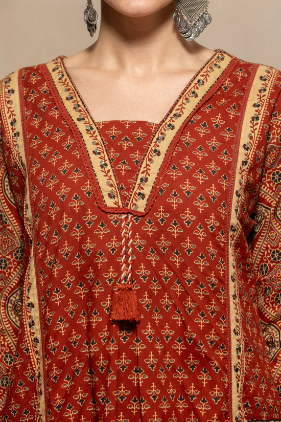 Rust Printed Flared Kurta 3 Pcs Set