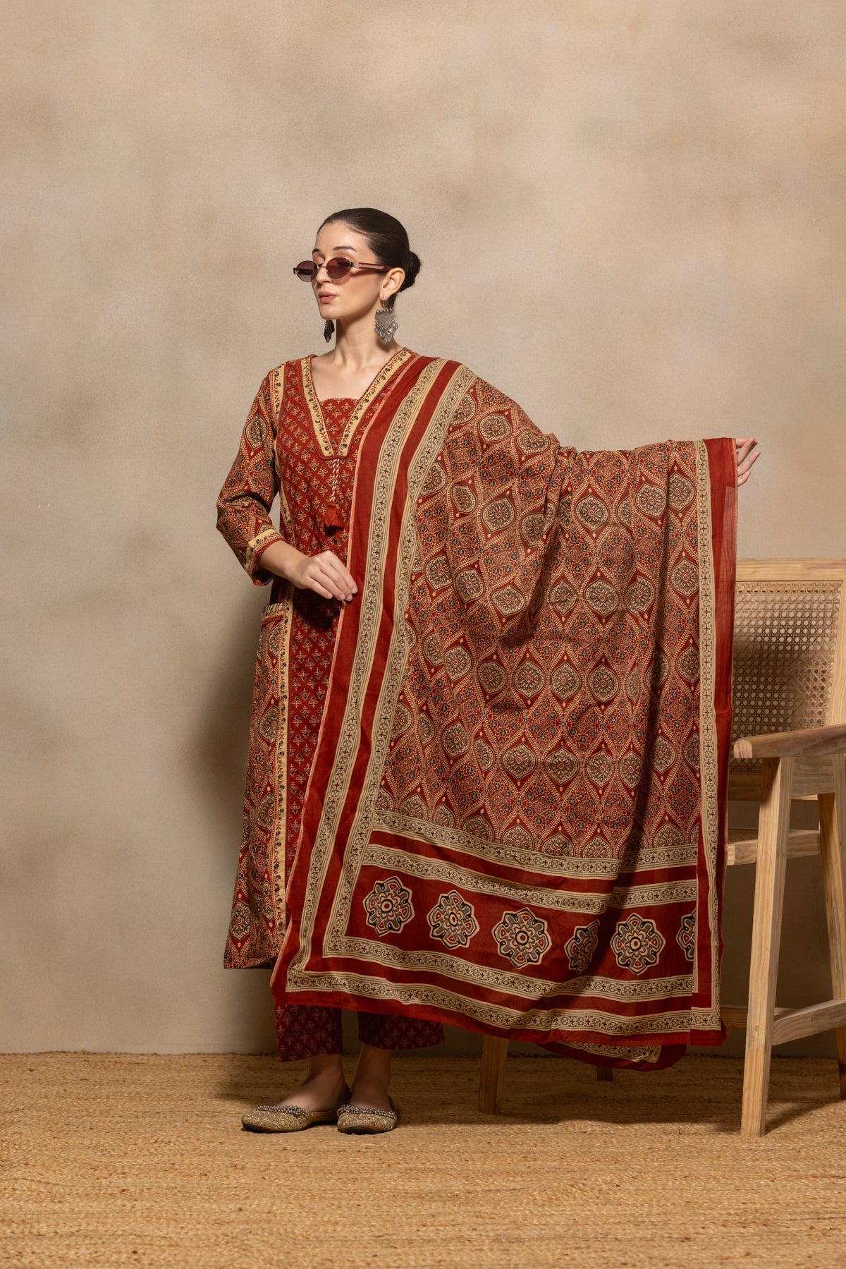 Rust Printed Flared Kurta 3 Pcs Set
