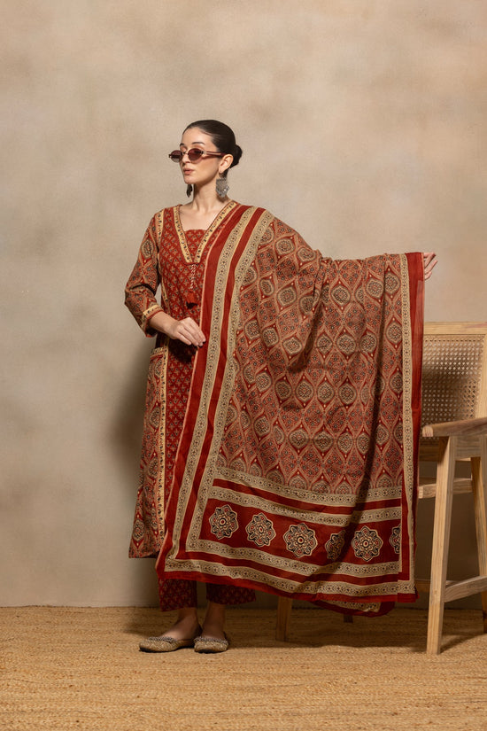 Rust Printed Flared Kurta 3 Pcs Set