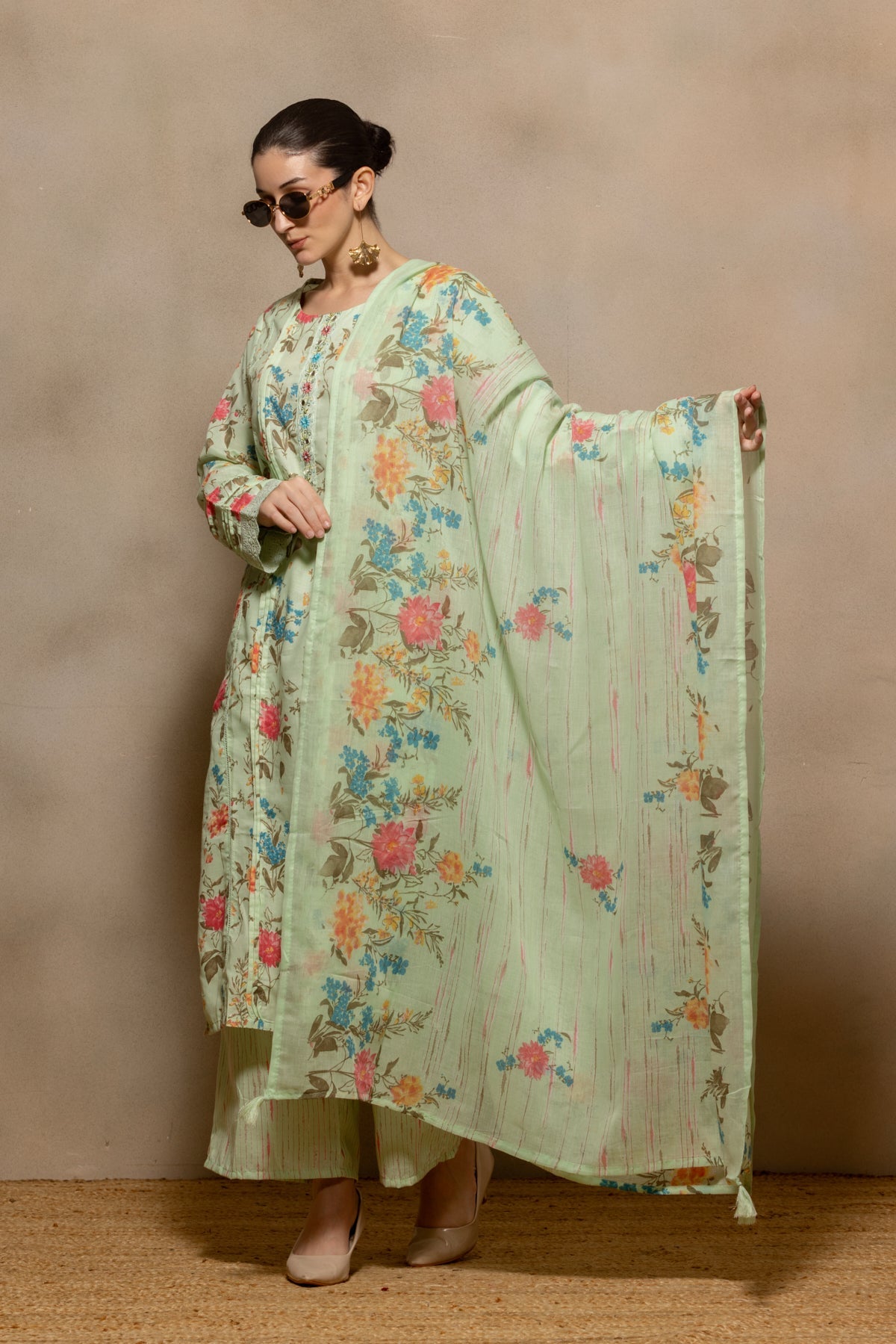 Green Printed Pintex Kurta 3 Pcs Set