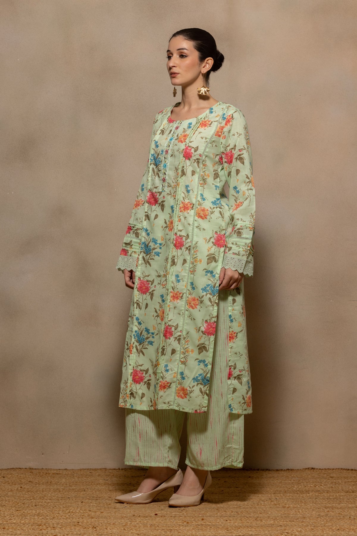Green Printed Pintex Kurta 3 Pcs Set