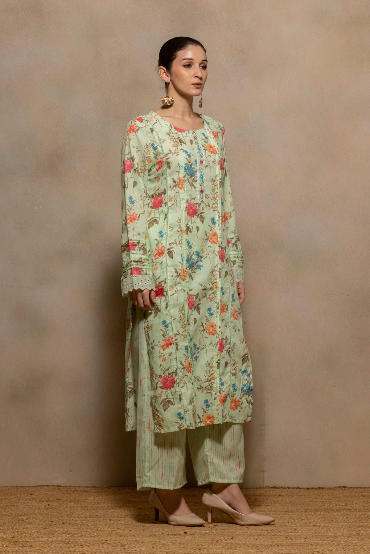 Green Printed Pintex Kurta 3 Pcs Set