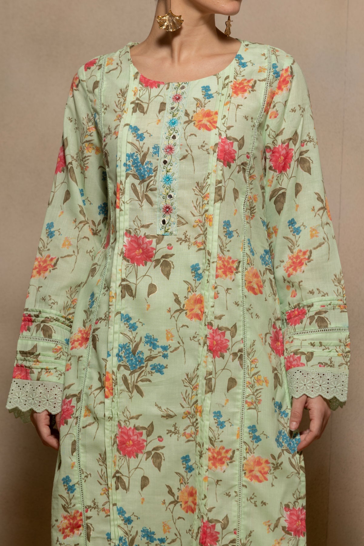 Green Printed Pintex Kurta 3 Pcs Set
