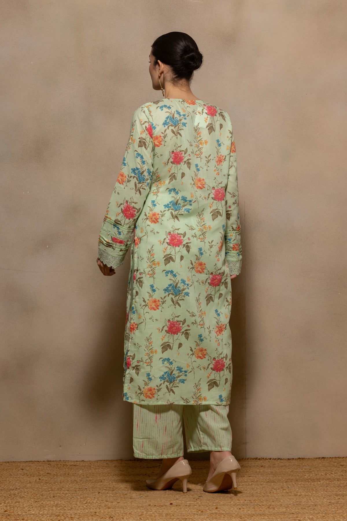 Green Printed Pintex Kurta 3 Pcs Set