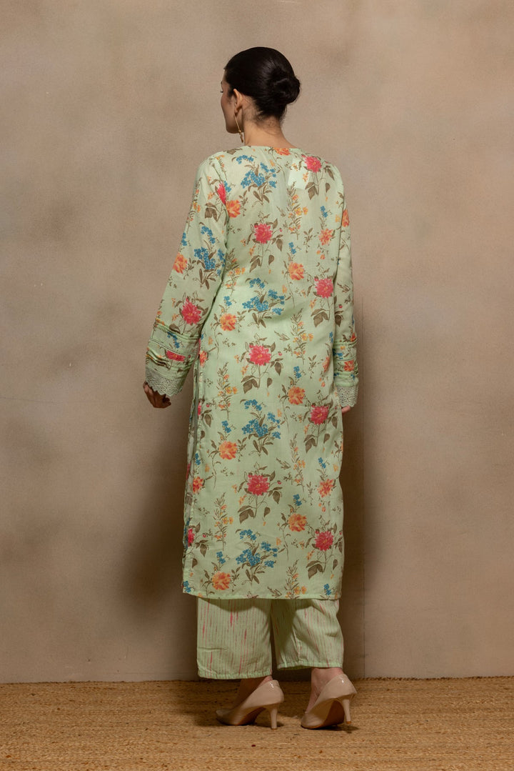 Green Printed Pintex Kurta 3 Pcs Set