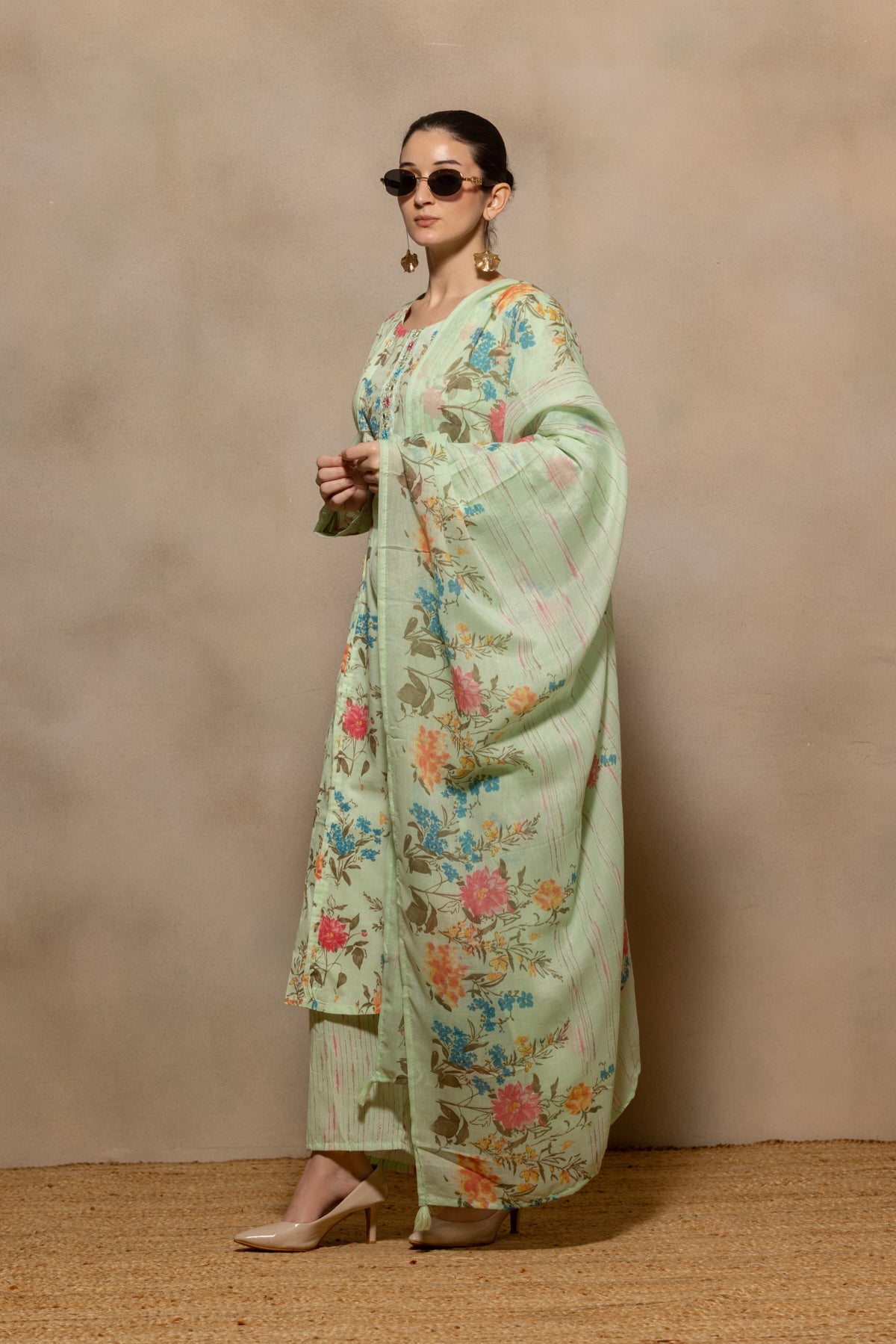 Green Printed Pintex Kurta 3 Pcs Set