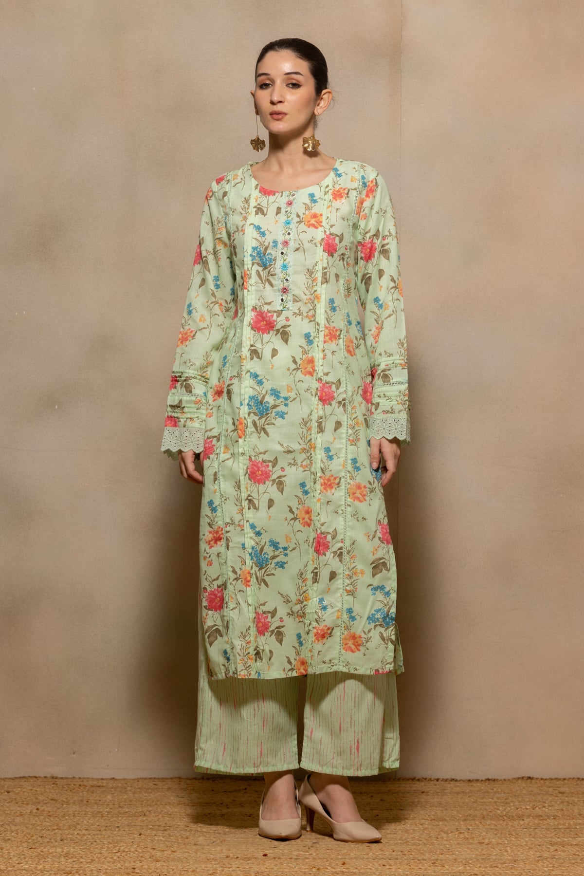 Green Printed Pintex Kurta 3 Pcs Set