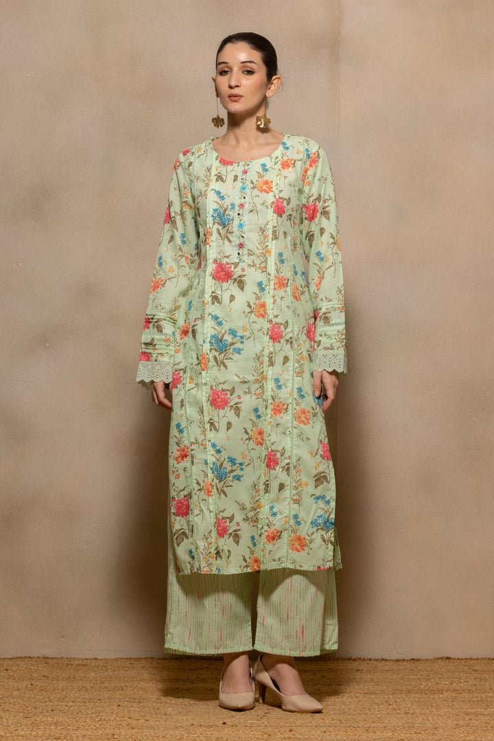 Green Printed Pintex Kurta 3 Pcs Set