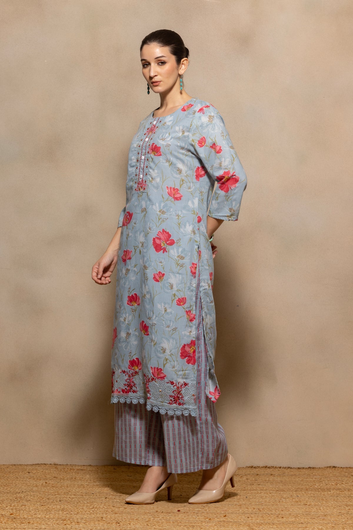 Blue Floral Printed Kurta 3 Pcs Set