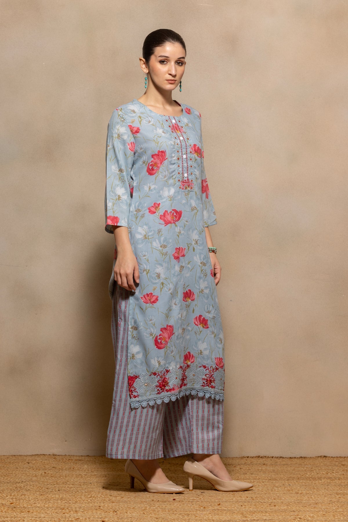 Blue Floral Printed Kurta 3 Pcs Set