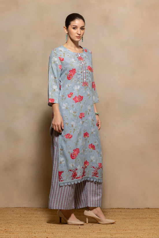 Blue Floral Printed Kurta 3 Pcs Set