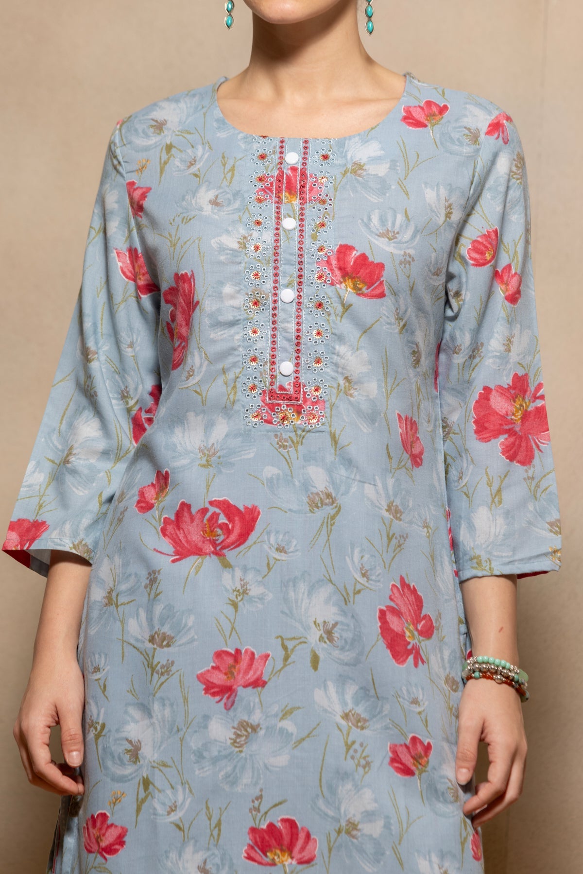 Blue Floral Printed Kurta 3 Pcs Set