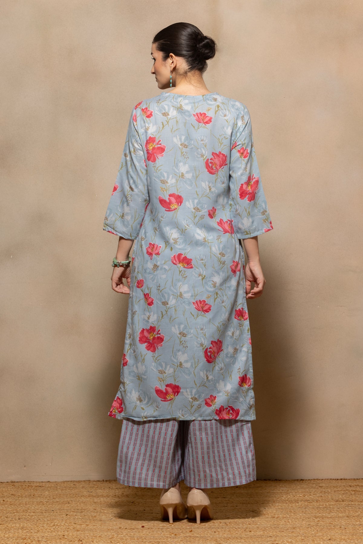 Blue Floral Printed Kurta 3 Pcs Set