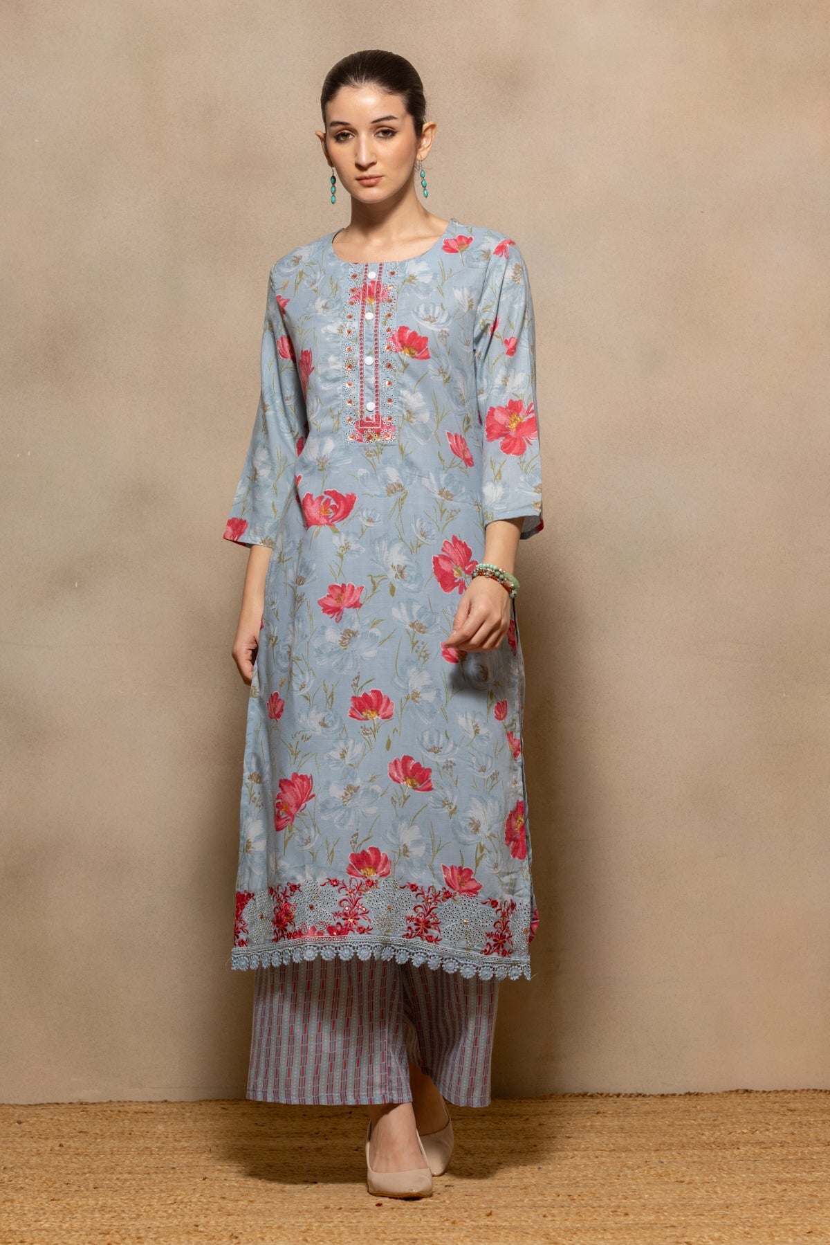 Blue Floral Printed Kurta 3 Pcs Set