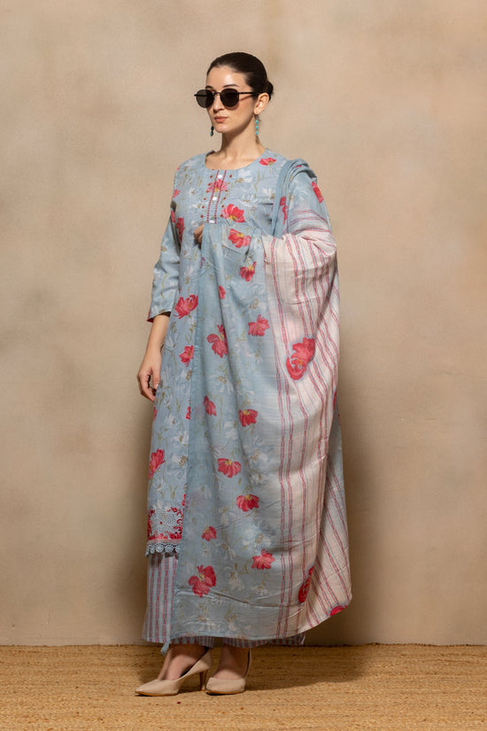 Blue Floral Printed Kurta 3 Pcs Set