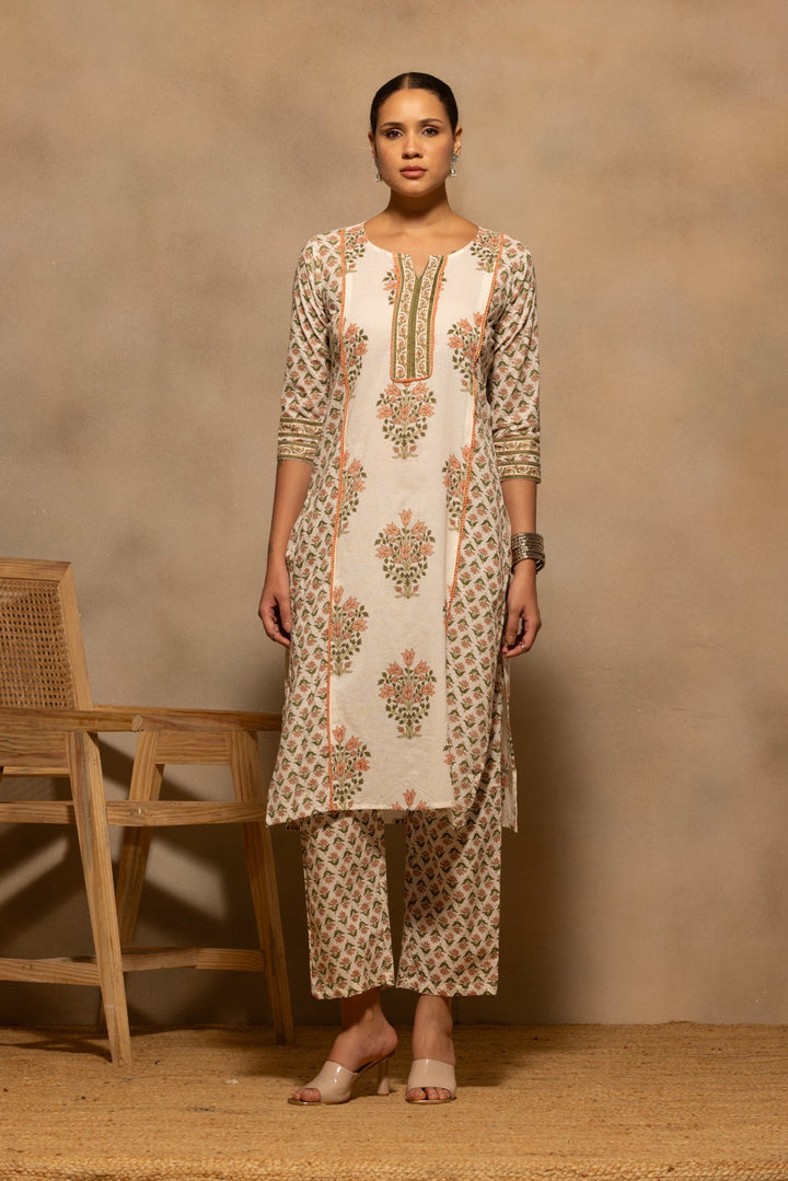 Cream Floral Printed Kurta 3 Pcs Set