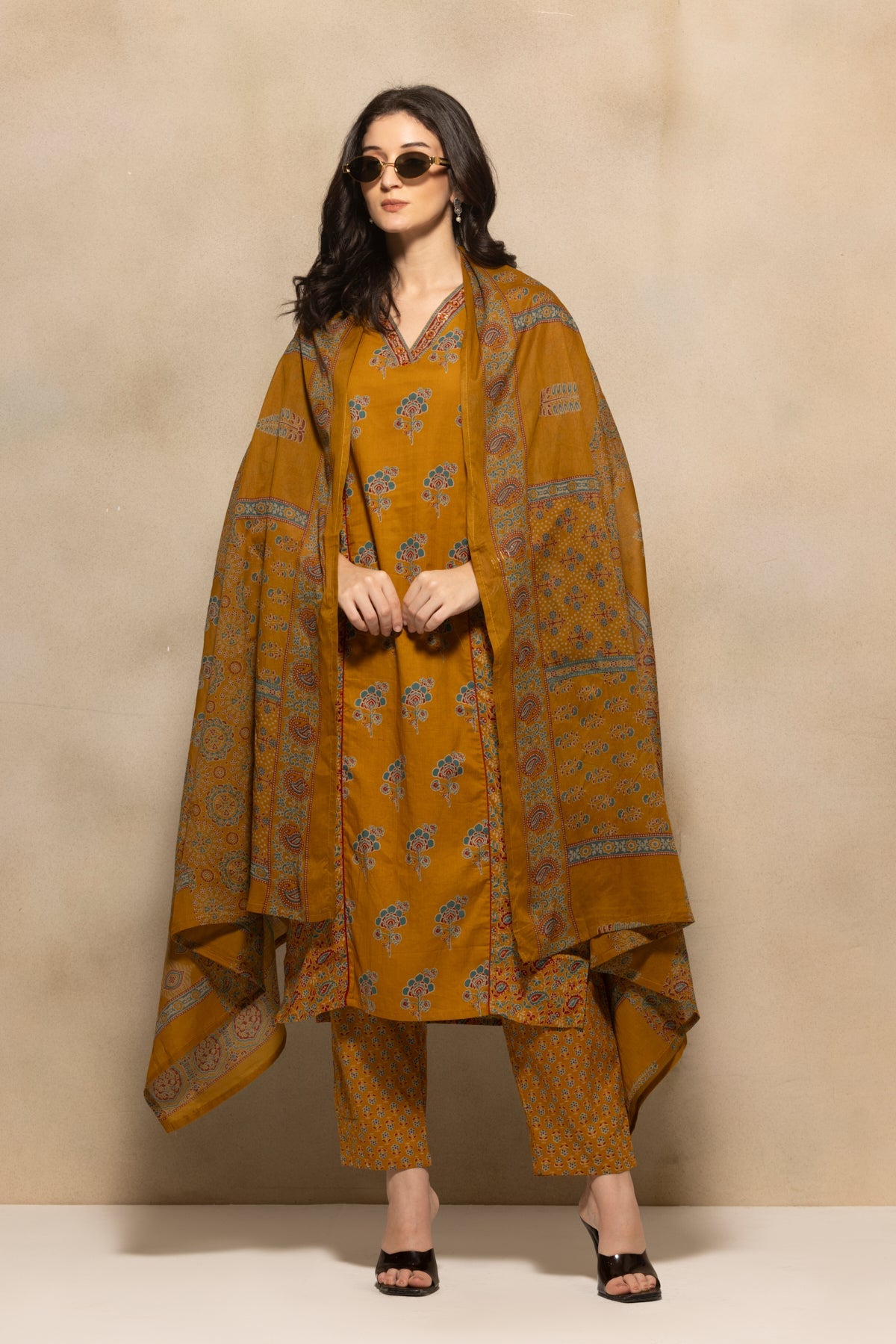 Mustard Floral Printed Kurta 3 Pcs Set
