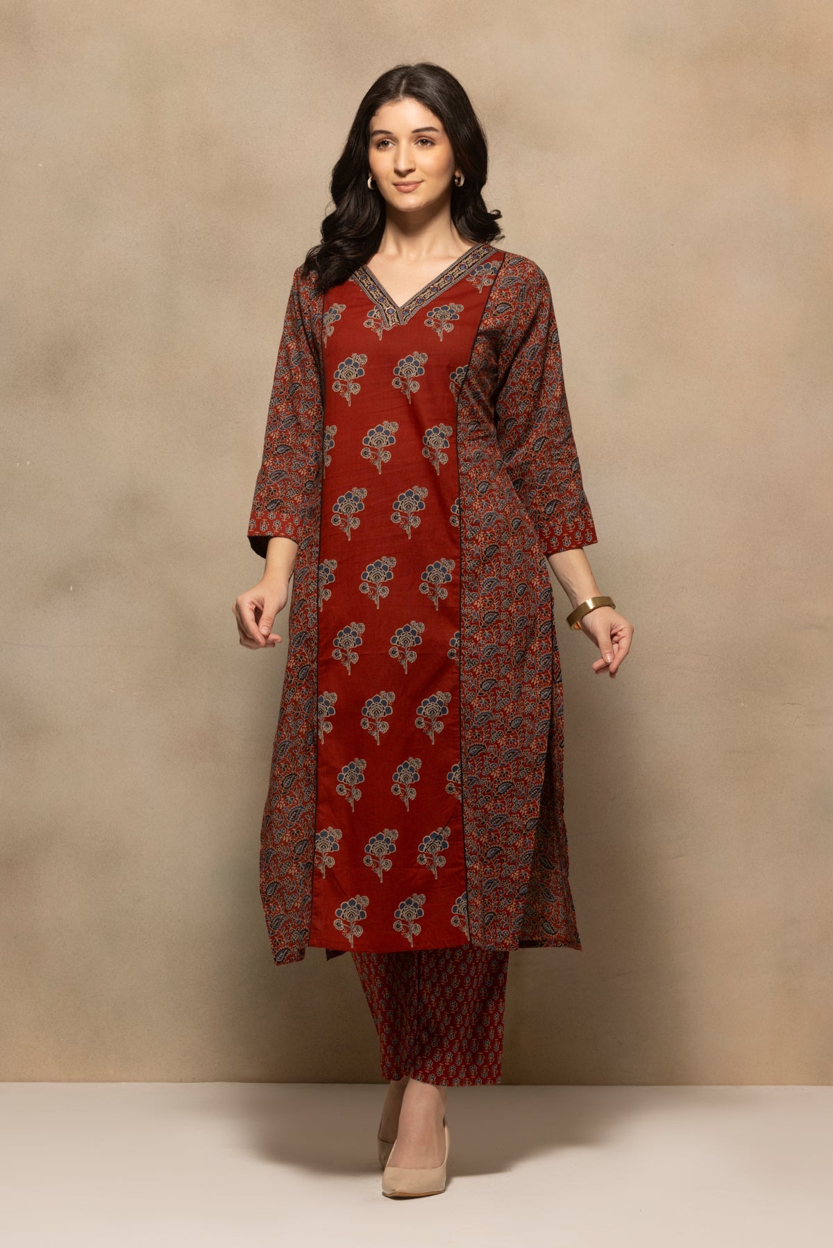 Rust Floral Printed Kurta 3 Pcs Set