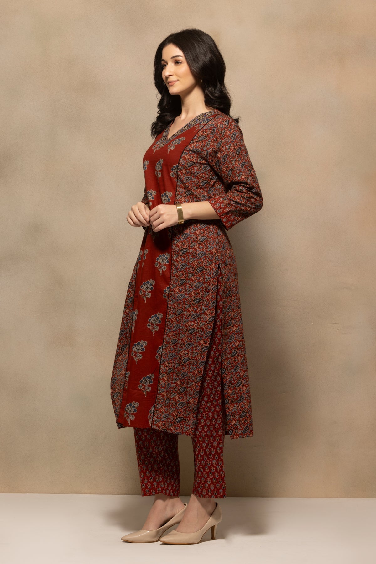 Rust Floral Printed Kurta 3 Pcs Set
