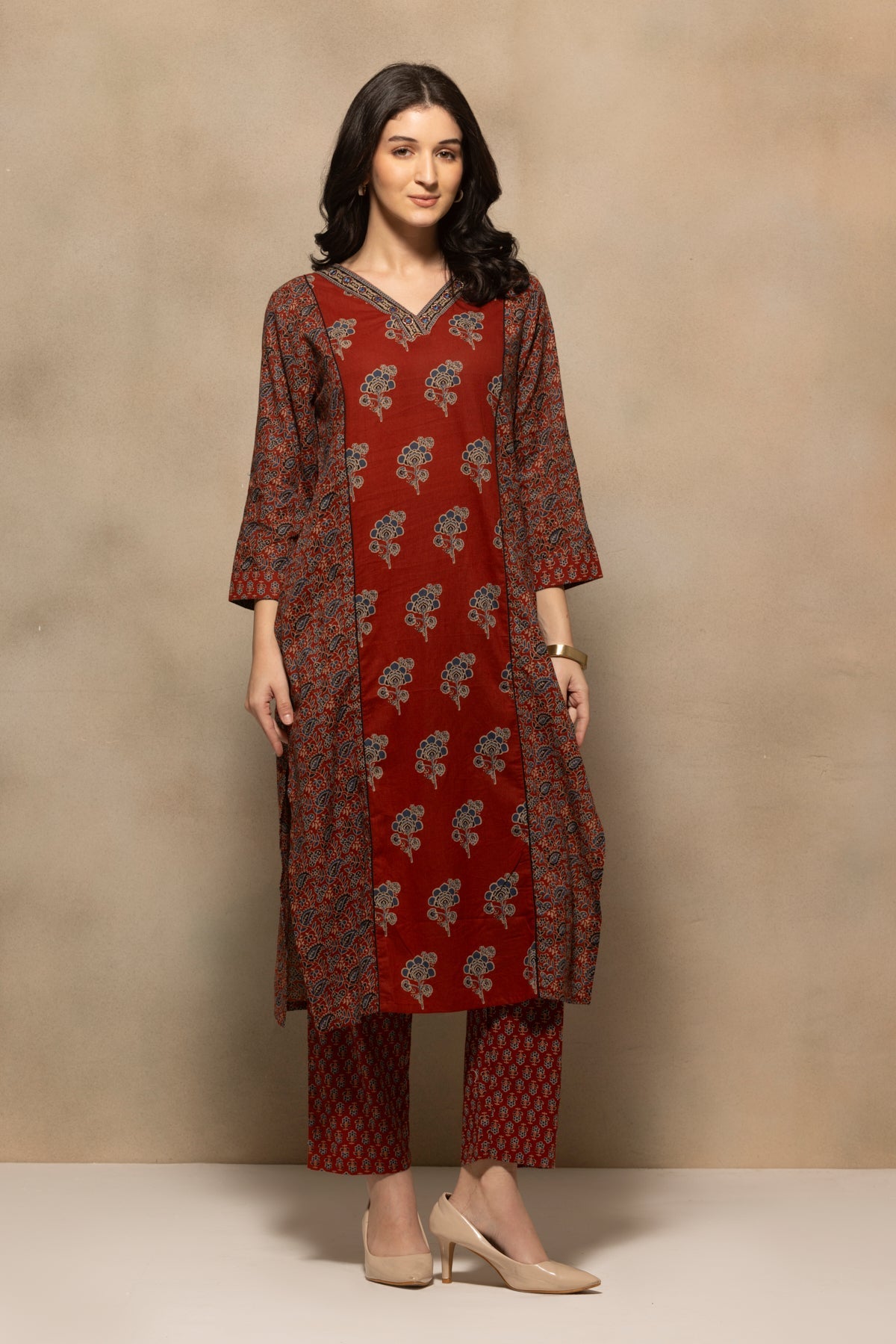 Rust Floral Printed Kurta 3 Pcs Set