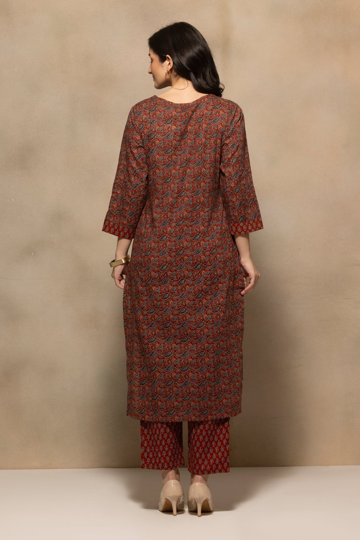 Rust Floral Printed Kurta 3 Pcs Set