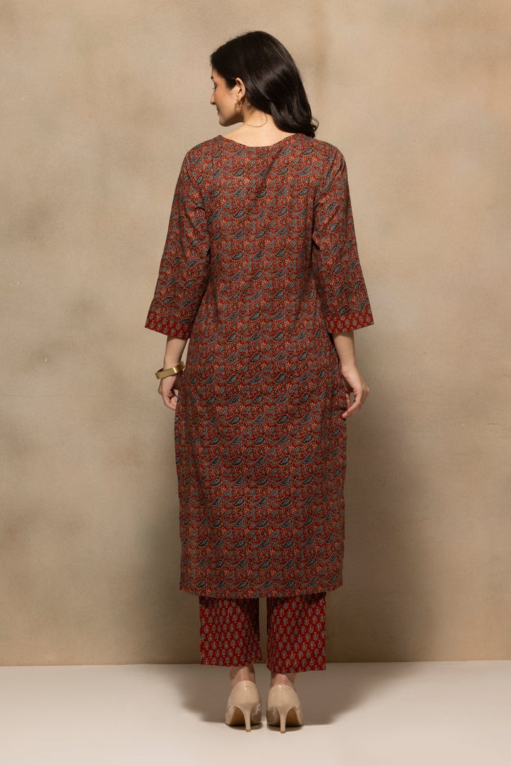 Rust Floral Printed Kurta 3 Pcs Set