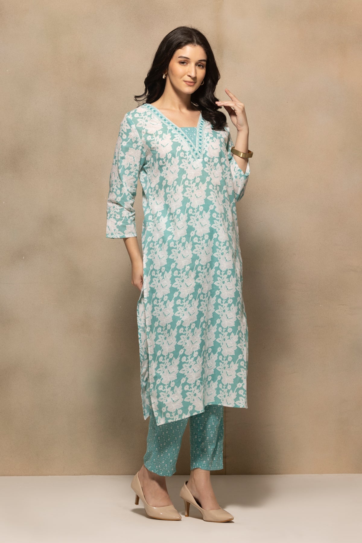 Green Floral Printed Kurta 3 Pcs Set